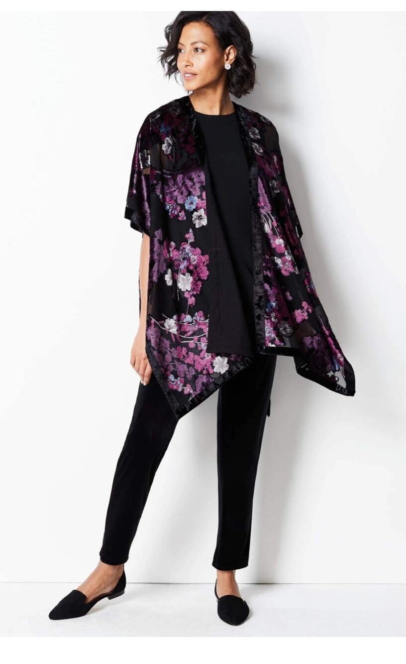 J Jill Floral Velvet Burnout Ruana OS Kimono Cardi
